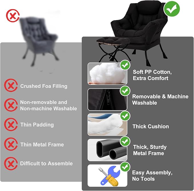Furlide Lazy Chair with Ottoman, Modern Accent Chair with Armrests and a Side Pocket, Black Accent Chairs, Reading Chairs, Oversized Armchairs for Bedroom, Study, Living Room, Courtyard