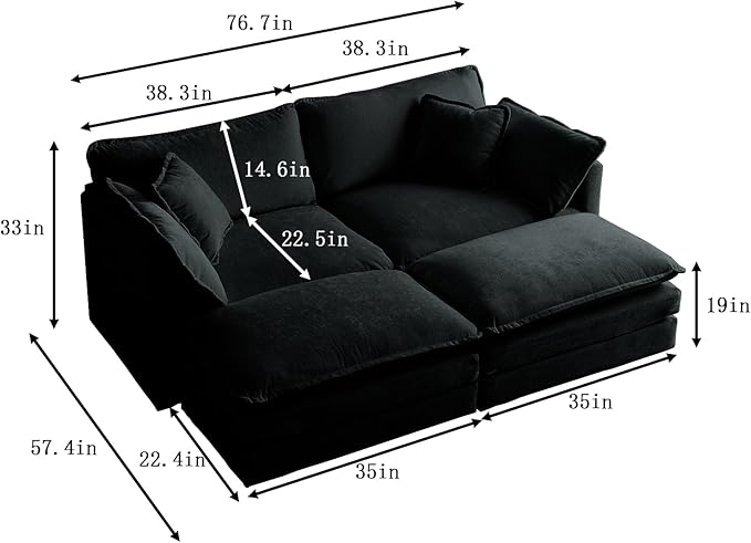 ERYE Oversized Loveseat Sectional Sofa Modern Deep Seat Reversible Chaises Sofa&Couch with 2 Movable Ottomans and 4 Pillows, Modular Sleeper Upholstered Couch for Living Room,Apartment,Studio,Office