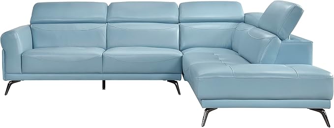 Lexicon L-Shaped Sectional Couch with Right Chaise, Top Grain Leather Match Sectional Sofa, Adjustable Headrests, Black Chrome Metal Legs, High-Density Cushions, Stitching, for Living Room, Blue