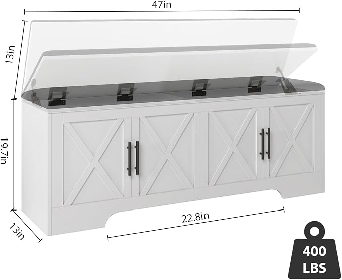 DreamDashio Farmhouse Storage Bench with Lift Top Storage, 47.2" Entryway Bench with Cushioned Seat, End of Bed Bench, Wooden Storage Chest Trunks, for Entryway, Bedroom, Living Room,White - Image 2