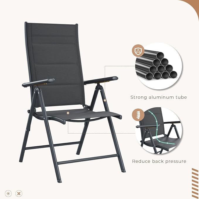 BUPPLEE 7-Piece Outdoor Dining Set - 6 Padded Aluminium Folding Chairs & Adjustable Steel Table, Low-Maintenance Garden Furniture for Backyard, Balcony, Poolside, Includes 1.57"-1.97" Umbrella Hole - Image 3