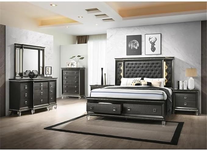 Best Quality Furniture Lavish 3 Piece Gray Bedroom Set with Light up Headboard in Eastern King