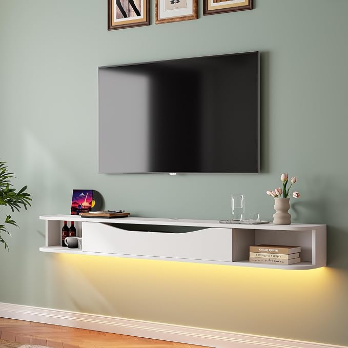 FurniNova 94'' Floating TV Stand, Modern Plywood Wall Mounted Media Console for 100 inch TV,Floating Entertainment Center with Storage,Round Edge TV Shelf for Living Room & Bedroom,White - Image 7