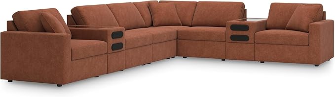 Signature Design by Ashley Modmax Contemporary Stain Resistant Right-Arm Facing 8-Piece Sectional with Audio Consoles, Armrest, Throw Pillows, Reversible Cushions and USB Port, Orange