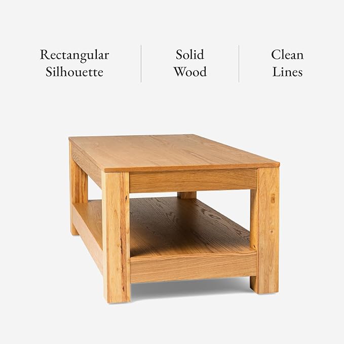 Maven Lane Paulo Coffee Table – 18 Inch Rectange Table with Storage – Natural Solid Wood – Ideal for Living Room and Lounge