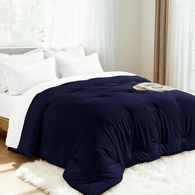 Comforters Oversized Queen Size, All Season Quilted Bed Comforter, Ultra-Soft Down Alternative Duvet Insert with 4 Tabs, Lightweight Bedding Blanket - Machine Washable, Navy Blue