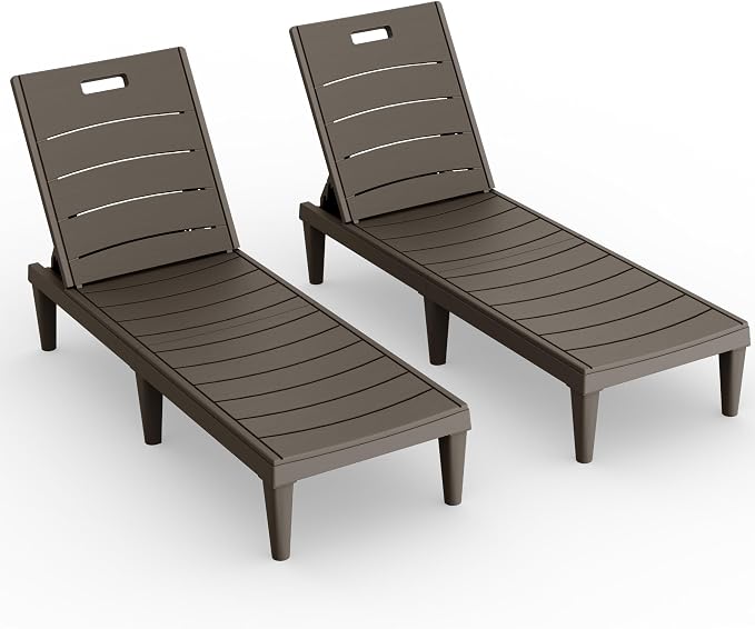Devoko Outdoor Chaise Lounge Chair Set of 2 with 5-Position Adjustable Back, Waterproof & Lightweight PP Lounge Chairs for Outside Pool Patio (Deep Brown) by DEVOKO