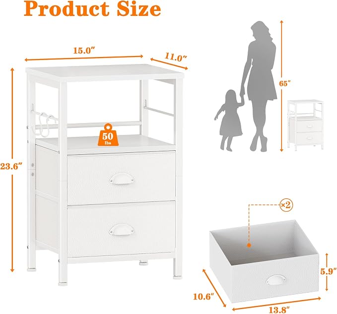 Furologee Nightstands Set of 2, End Table with 2 Fabric Drawers, Night Stand with 2 Hooks, Open Wood Shelf Bedside Table for Bedroom/Living Room/White - Image 3