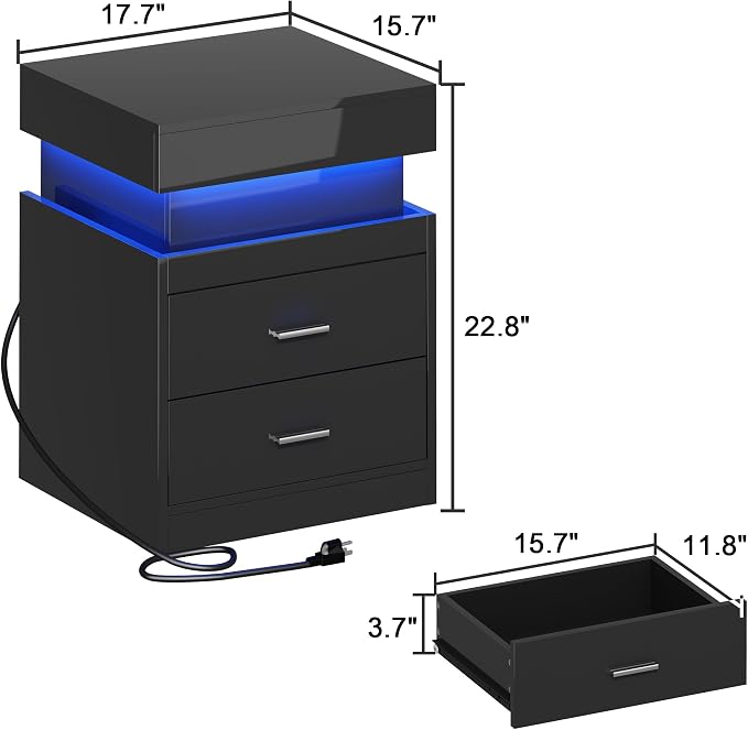 ChooChoo LED Nightstand with Charging Station,Smart Night Stand with Sliding Top Storage, 2-Drawers High Gloss Bedside Table, Modern End Table for Bedroom,Black - Image 2