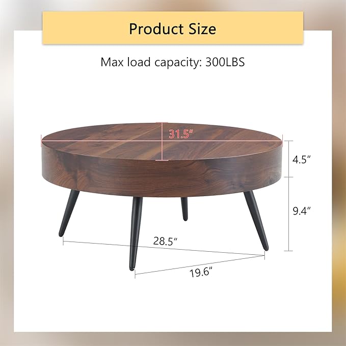 Round Coffee Table, Small Wood Coffee Table with Storage, Modern Mid Century Circle Tables Accent Center Tables for Living Room Apartment Small Space (31.5''D-Walnut)