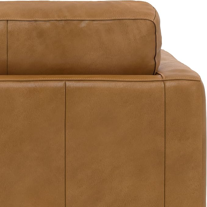 SIMPLIHOME Morrison Arm Chair - 42 inch Wide Upholstered Genuine Leather Mid-Century Modern Accent Chair in Sienna with Solid Wood Legs, Reversible Bolster Pillows and Reclined Back