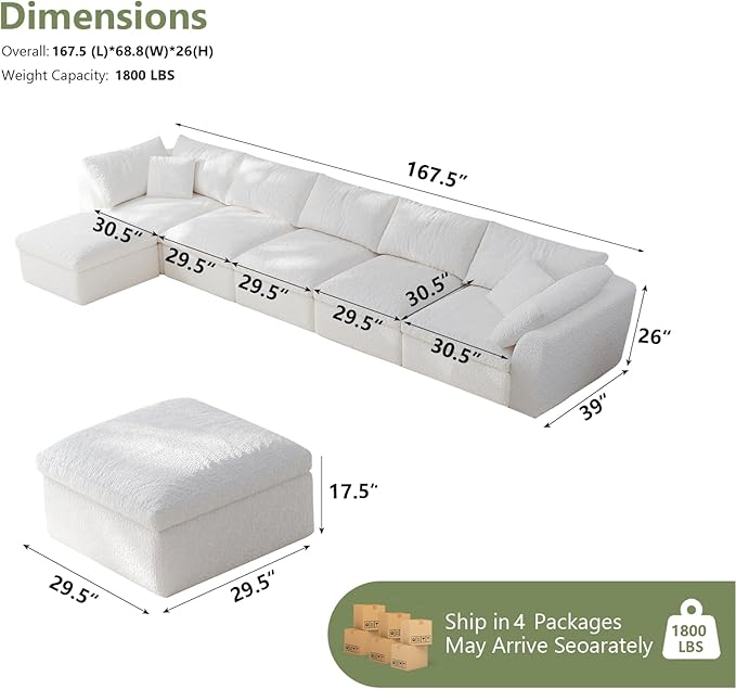 Modular Sectional Sofa Boneless Cloud Couch for Living Room, L Shape Deep Seat Recliner Sofa with Ottoman, Adjustable Backrest & 2 Throw Pillows - Covers Washable, (White, 5 Seater+1 Ottoman)