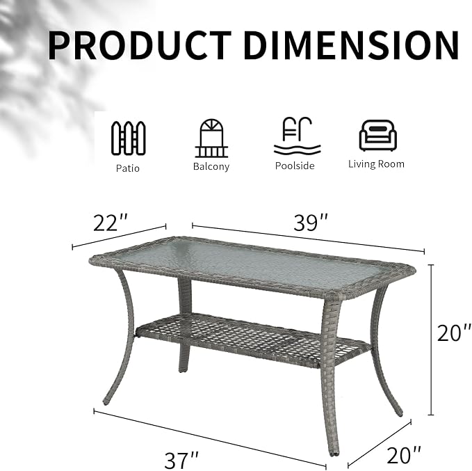 VINGLI Outdoor Coffee Table with Storage Wicker Patio Coffee Table, Tempered Glass Top Coffee Table for Patio Outside Balcony Porch Deck (Grey) - Image 3