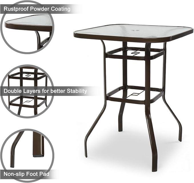 VINGLI Outdoor Bar Table with Umbrella Hole, Metal Patio Bar Height Pub Table for Patio High Top (Brown) - Image 4