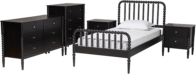 Baxton Studio Lucera Bobbin Wood Bedroom Set, 5-Piece, Twin, Black