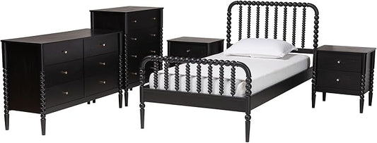 Baxton Studio Lucera Bobbin Wood Bedroom Set, 5-Piece, Twin, Black