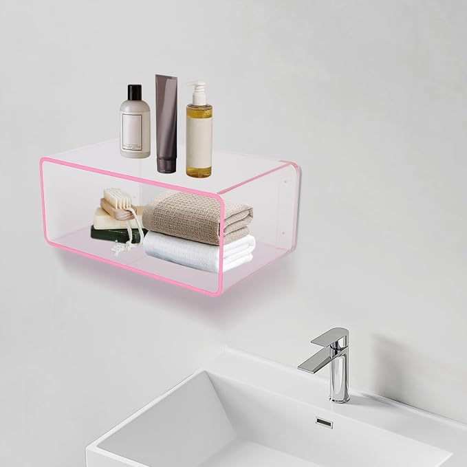 Acrylic Wall-Mounted Nightstand Floating Wall Nightstand Bedside Table Floating Side Table Wall Mounted Clear Shelf for Bedroom Bathroom (Pink) - Image 4