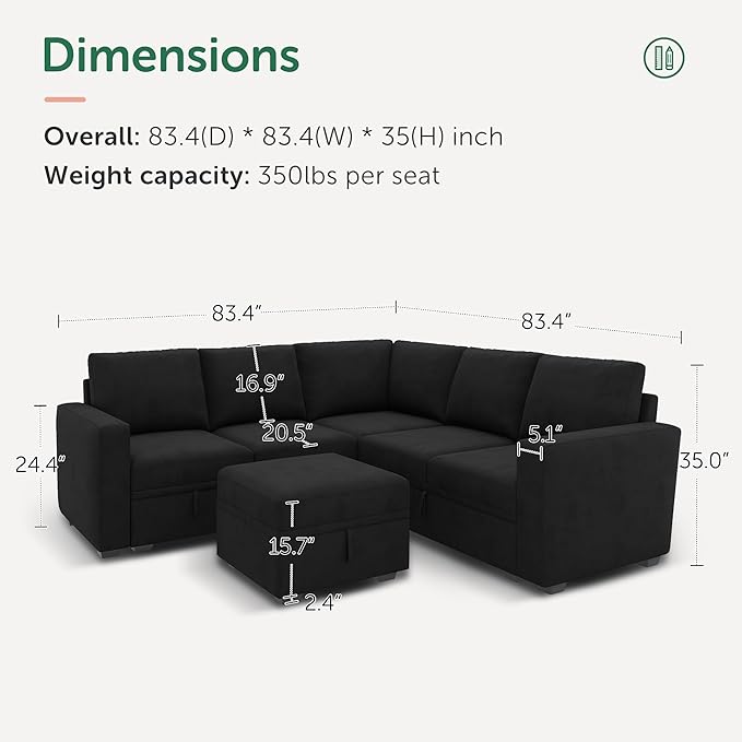 HONBAY Velvet U-Shaped Sectional Couch with Storage,Modular Sectional Sofa with Storage Ottoman Convertible L-Shaped Sofa for Living Room, Black