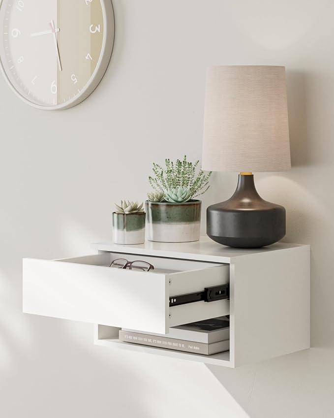 Floating Nightstand, Small Modern Floating Nightstand with Drawer, Floating Shelves for Bedroom, Bathroom (White) - Image 4