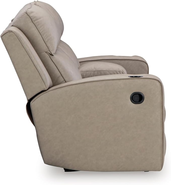 Signature Design by Ashley Lavenhorne Contemporary Faux Leather Manual Reclining Loveseat with Console and Cup Holders, Beige