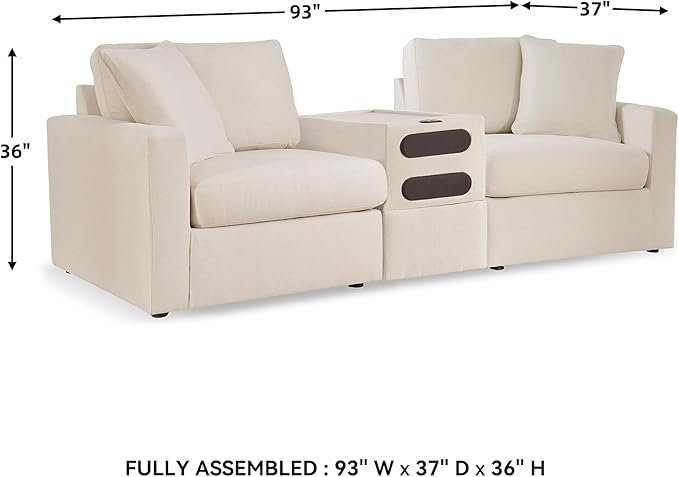 Signature Design by Ashley Modmax Coastal Modular Stain Resistant 3-Piece Sectional with Audio Console, Drawer, USB Ports and 2 Accent Pillows, Beige