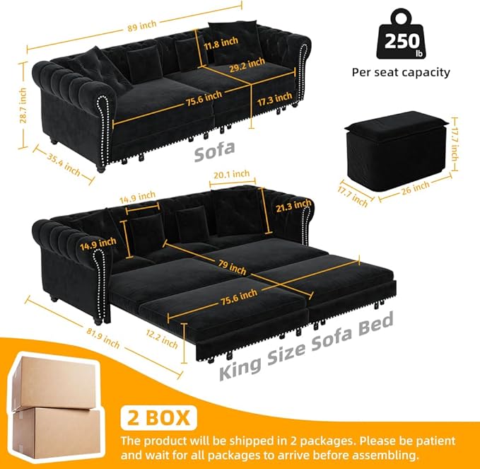 Eafurn 3 in 1 Oversized Chesterfield Loveseat Sofa Convertible Pull Out Sleeper Sofabed King Size Couch Bed w/Movable Ottoman and Nailhead Trim for Living Room Tufted Velvet Recliner Daybed Sofacama