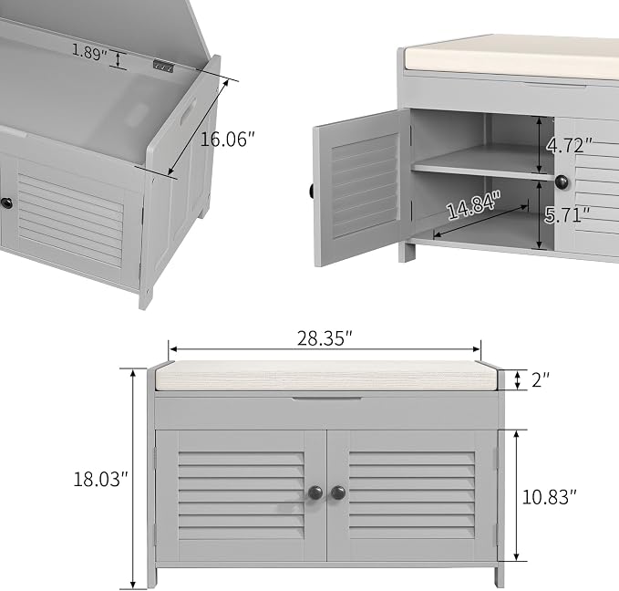 WARMHONIU Shoe Storage Bench with Lift Top Storage, Entryway Bench with Cushioned Seat, Adjustable Shelf, 2 Tier Shoe Rack with Doors for Entryway, Bedroom, Hallway, Mudroom, Grey - Image 2