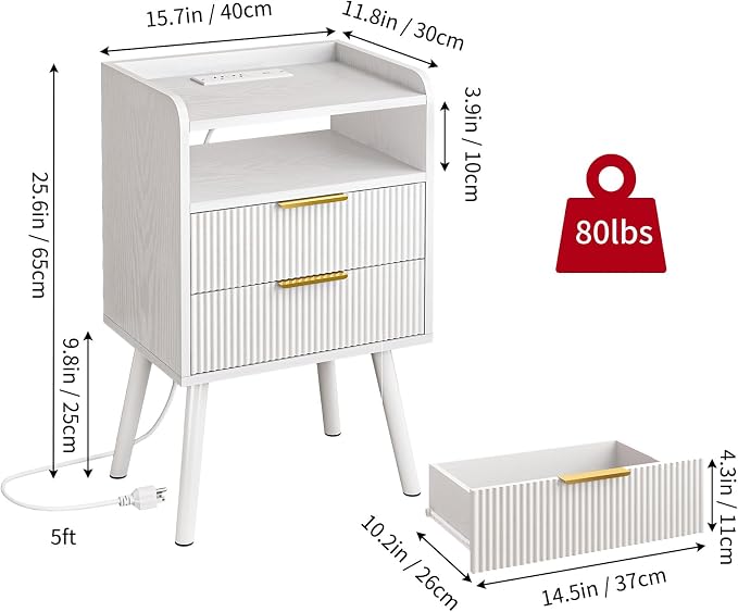 Fixwal White Fluted Nightstand with Charging Station, LED Night Stand with 2 Wood Drawers for Bedroom, Modern Bedside Table, 15.7 x 11.8 x 25.6in - Image 2
