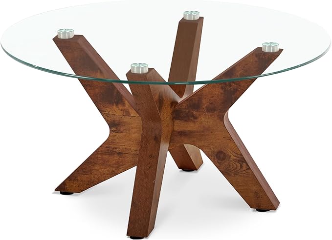 ivinta Round Glass Coffee Table, 31.5" Modern Center Table with Tempered Glass and MDF Legs for Living Room, Office, Tree (Rustic Brown)