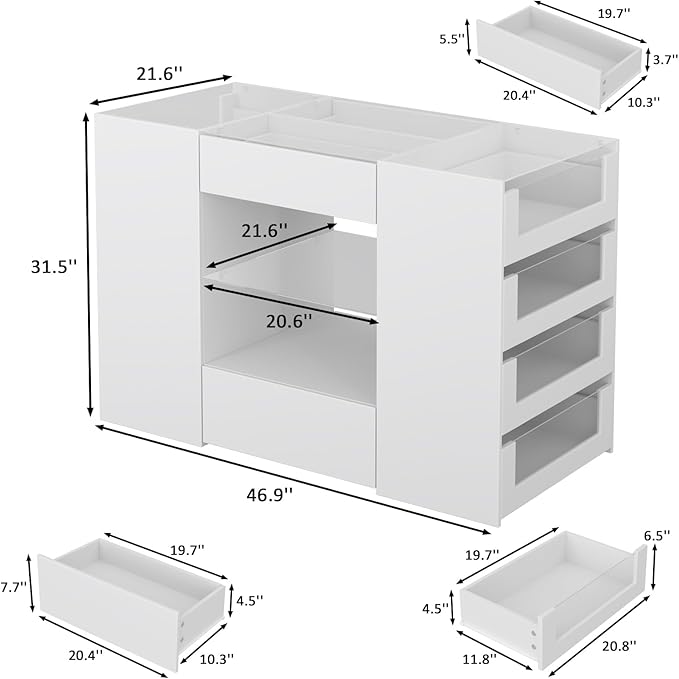 LIVAUVEAD Closet Island with Drawers, Wardrobe Armoire Bedroom Island, Glass Display Shelf & 12 Drawers, White Dresser with Glass Top, Walk-in Closet Island for Bedroom, Cloakroom
