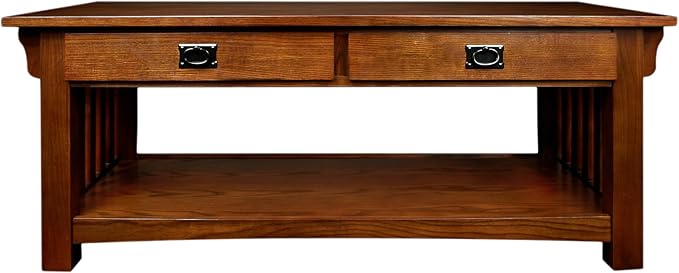 Leick Home Mission Impeccable Coffee Table, Solid Wood with 2 Drawers & Shelf, Medium Oak Finish, Blackened Hardware, Slatted Sides, Easy Assembly, 48 in W x 24 in D x 19 in H, 8204