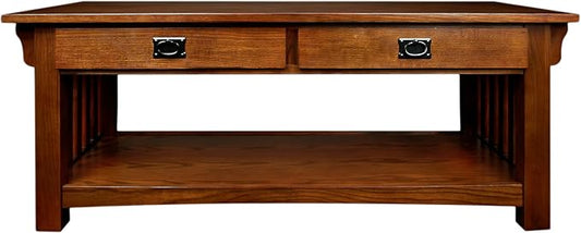 Leick Home Mission Impeccable Coffee Table, Solid Wood with 2 Drawers & Shelf, Medium Oak Finish, Blackened Hardware, Slatted Sides, Easy Assembly, 48 in W x 24 in D x 19 in H, 8204