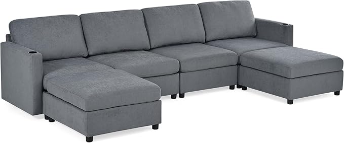 ERYE Oversized Chenille Upholstered Modular Storage Sectional Sofa Couch W/2 Movable Ottomans & Cupholders, U-Shaped Free Combined Sofa Couch Convertible Sleeper Sofabed for Living Room Apartment