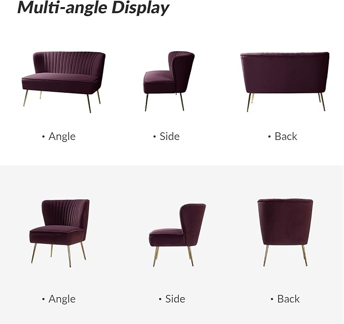 HULALA Home 3 Piece Velvet Living Room Furniture Set, Modern Comfy Upholstered Chair Set with Golden Legs, Include Loveseat & 2 Accent Chairs for Bedroom, Purple Tufted 2-Seater Sofa & Armless Chairs