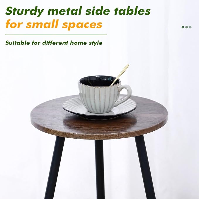 Metal Outdoor Side Tables Set of Two Small Outside Round End Table for Patio Modern Accent Garden Corner Table for Small Spaces, Balcony, Porch, Weather-Resistant Plant Stand Indoor, Woodgrain - Image 4