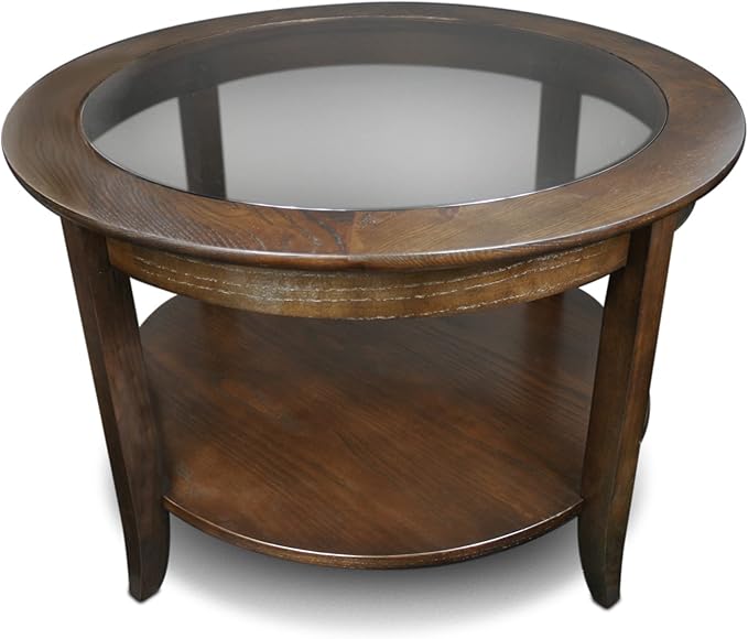 Leick Home Sheldon Coffee Table, Solid Wood, Round, with Glass Top and Shelf, Chocolate Oak, 10037