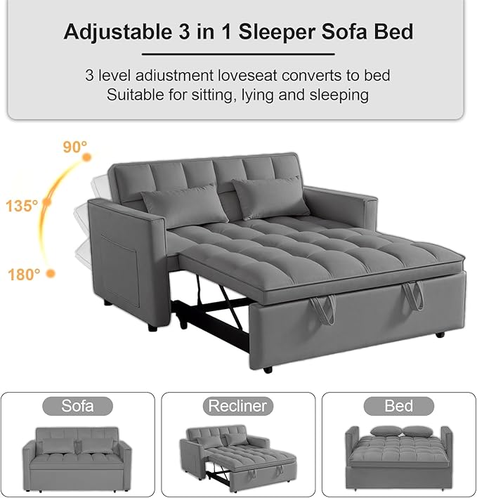 3 in 1 Pull Out Sofa Bed, 54" Sleeper Sofa Bed with 3-Level Adjustable Backrest, Velvet Fabric Loveseat Sleeper Couch for Living Room & Bedroom & Apartment & Dorm Furniture, Dark Grey