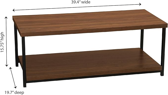 Household Essentials Jamestown Rectangular Coffee Table with Storage Shelf Mid Century Walnut Wood Grain and Black Metal