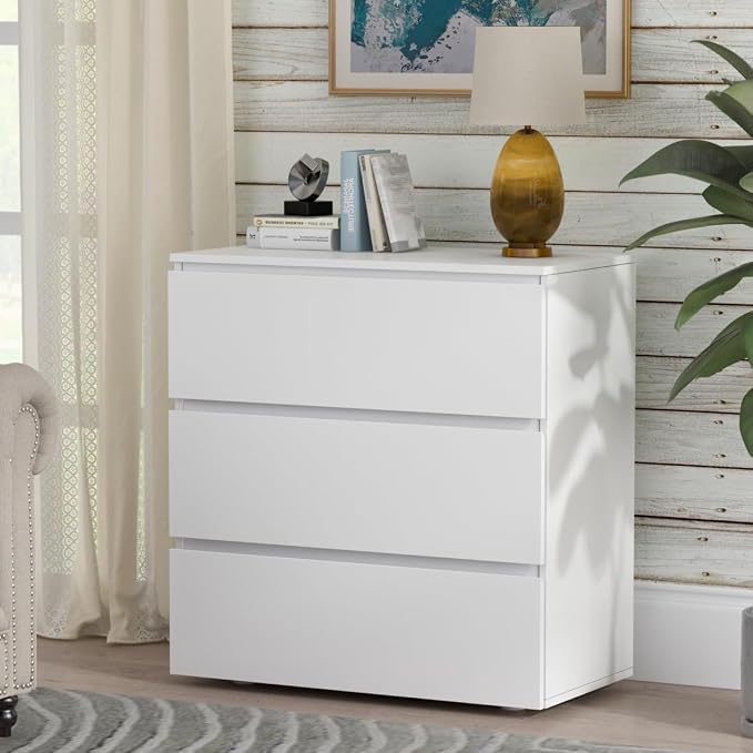Nightstand with 3 Drawers, Modern Bedroom End Table with No Handle, Wooden Bedside Storage Cabinet, White 30.3" W x 32.3" H by FUNISIRFurniture