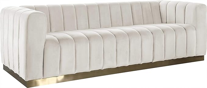Meridian Furniture 603Cream-S Marlon Collection Modern | Contemporary Velvet Upholstered Sofa with Deep Channel Tufting, Stainless Steel Base in a Brushed Gold Finish, Cream, 86.5" W x 34" D x 28" H