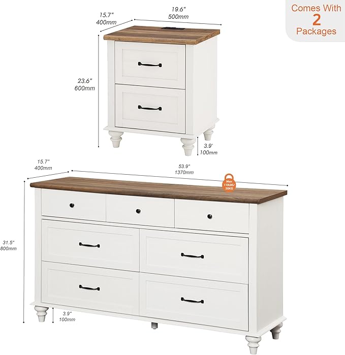 WAMPAT 2 Piece Bedroom Set - Includes 7 Drawer Dresser for Bedroom, Mid Century Nightstand with Charging Station & Drawers, 2 Piece Dresser and Nightstand Sets, Off White