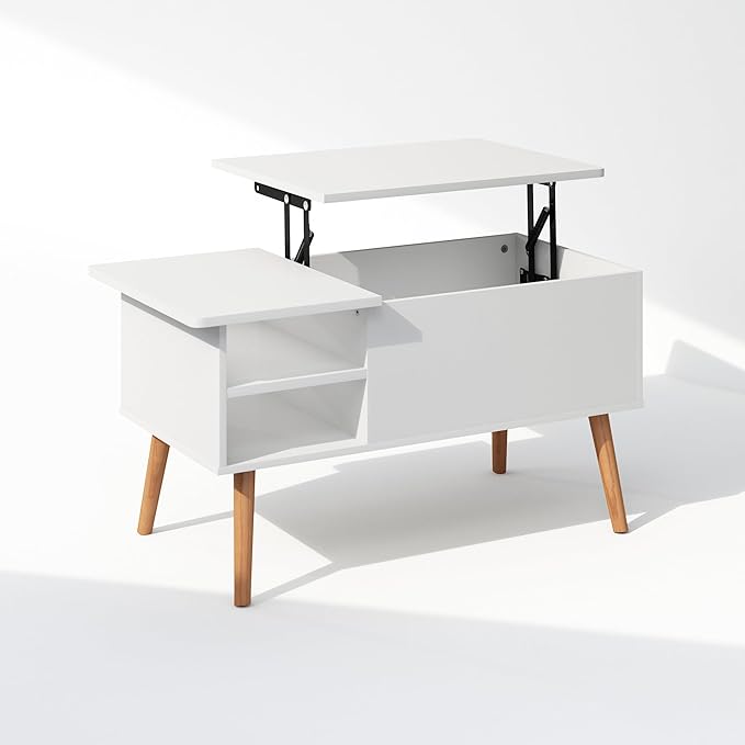 Furinno Jensen Wooden Leg Lift Top Coffee Table with Hidden Compartment and Side Open Storage Shelf for Living Room, Solid White