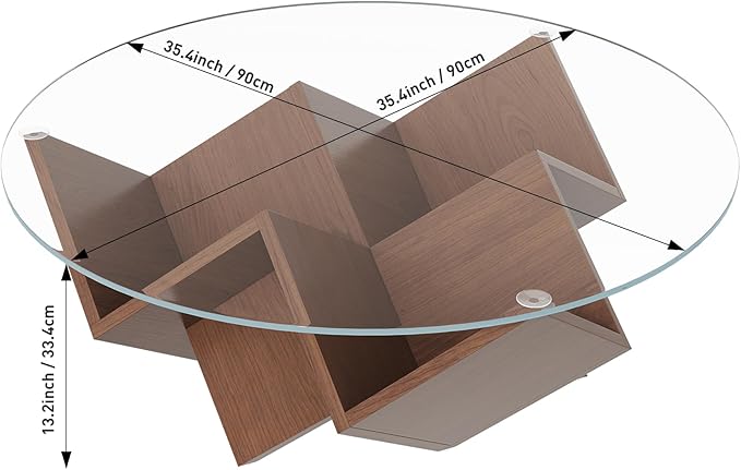 Harper & Bright Designs The Round Coffee Table with Glass Top and Geometric Abstract Art Deco Base Storage Shelves, Walnut, 35.4"