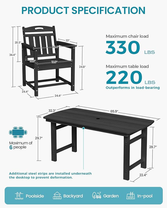 Ciokea HDPE Outdoor Dining Table with Umbrella Hole,66" Rectangle Patio Table for 6,All-Weather Outdoor Patio Furniture Set for Garden Backyard,Black - Image 2