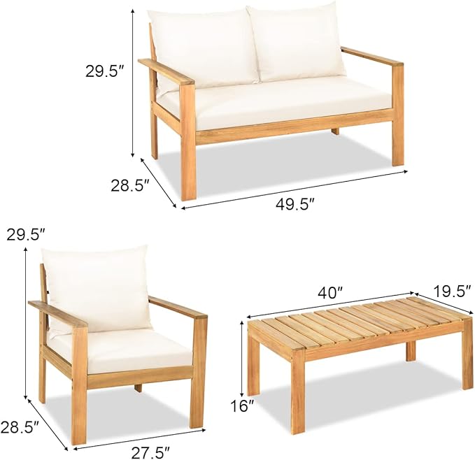 Tangkula Outdoor 4-Piece Acacia Wood Chat Set, 4 Seater Acacia Wood Conversation Sofa and Table Set with Water Resistant Cushions, Teak Finished (1, White)
