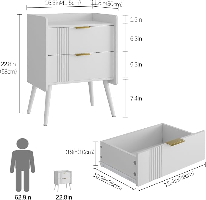 Aenuert White Nightstand Modern Bedside Table with 2 Storage Drawer, Small Night Stand, Wooden Sofa Side Table for Bedroom,Study Room and Small Spaces - Image 2
