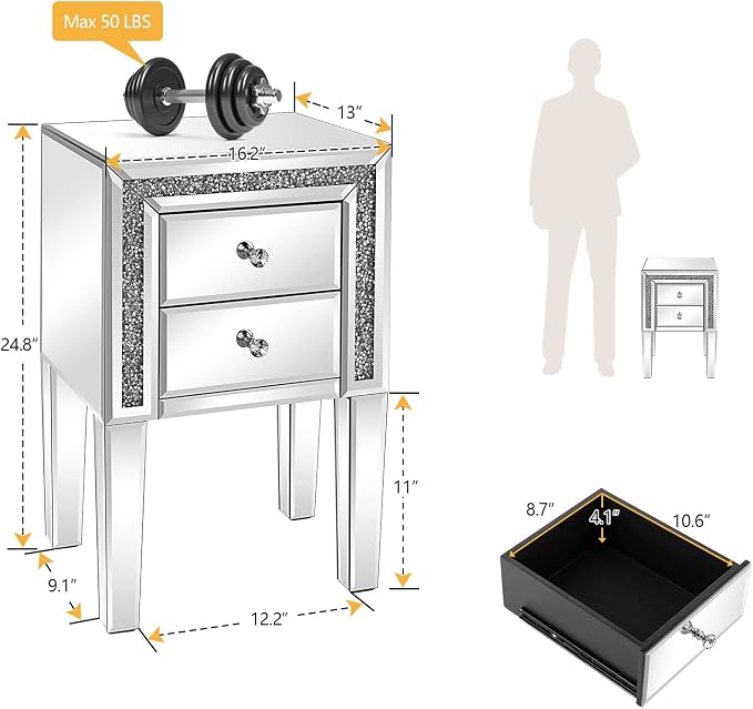 VINGLI Mirrored Nightstand Set of 2 Silver Glass Sofa/Couch Side Tables Bedroom End Tables with Storage, 24.8 inch Tall - Image 3