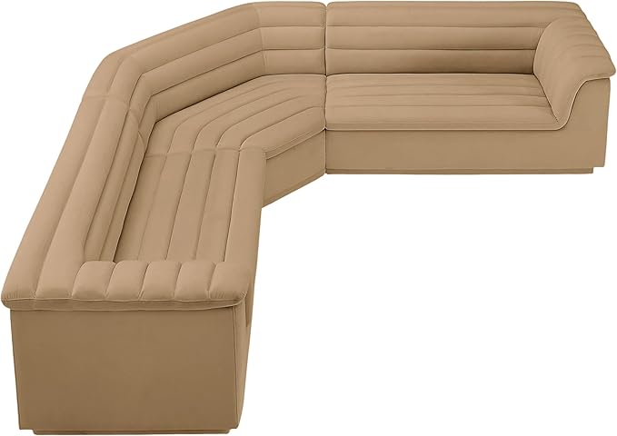Meridian Furniture 194Camel-Sectional Cascade Collection Modern | Contemporary Modular Sectional with Soft Camel Velvet Fabric, Deep Channel Tufting, Curved Arms, 148" W x 80" D x 28" H, Camel