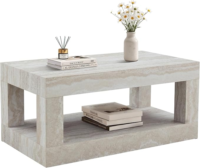 LKTART 39.37" Faux Travertine Stone Coffee Table with Storage, 2-Tier Mid Century Rectangular Accent Table with Thick Tabletop, Rustic Style Cocktail, Center Table for Living Room, Office(Beige)