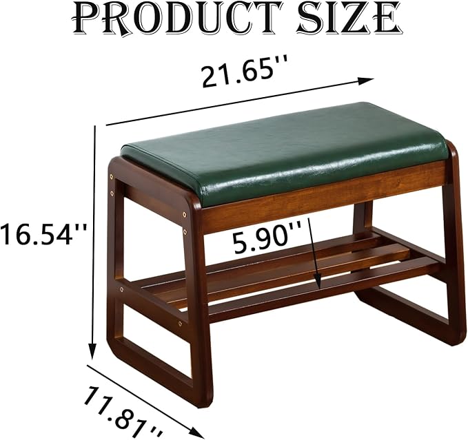 latifolia Solid Wood Bench, Entryway Shoe Bench with Cushion, 2 Tier Shoe Storage Organizer for Hallway, Living Room(Green,21.65''L) - Image 2